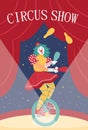 Circus show banner with funny clowness equilibrist, flat vector illustration. Royalty Free Stock Photo