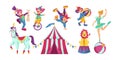 Circus show. Carnival clowns. Magician on unicycle. Fair performance. Funny conjurer. Jester and animal trainer. Acrobat