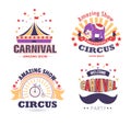 Circus show and carnival party isolated icons tent and elephant