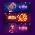 Circus show cartoon banners with animals artists