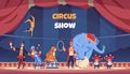 Circus Show. Cartoon Poster With Clown And Acrobat. Juggler And Magician Performing Tricks. Trainer With Elephant