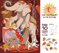 Circus show with elephant, clown, dog, lion and donkey. Find 10 hidden objects