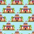 Circus show entertainment tent marquee marquee outdoor festival with stripes and flags carnival seamless pattern. Royalty Free Stock Photo