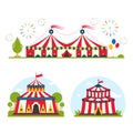 Circus show entertainment tent marquee marquee outdoor festival with stripes and flags isolated carnival signs Royalty Free Stock Photo