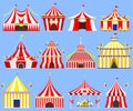 Circus show entertainment tent marquee marquee outdoor festival with stripes and flags isolated carnival signs