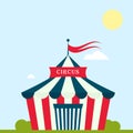 Circus show entertainment tent marquee marquee outdoor festival with stripes and flags isolated carnival signs