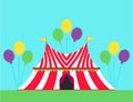 Circus show entertainment tent marquee outdoor festival with stripes flags carnival vector illustration. Royalty Free Stock Photo