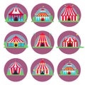 Circus show entertainment tent marquee outdoor festival with stripes flags carnival vector illustration. Royalty Free Stock Photo