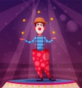 Circus show. Funny clown character juggles. Cartoon vector illustration Royalty Free Stock Photo