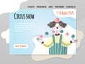 Circus show, funny clown juggles balls. Vector illustration, design template of website header, banner or poster.