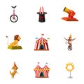 Circus show icons set, cartoon style