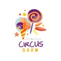 Circus show logo design, carnival, festive creative label, badge, hand drawn template of flyear, poster, banner Royalty Free Stock Photo