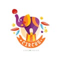 Circus show logo design, carnival, festive, show label, badge, hand drawn design element with elephant can be used for Royalty Free Stock Photo