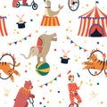 Circus show seamless pattern. Funny carnival amusement background, cute cartoon trained animals and clown juggler on Royalty Free Stock Photo