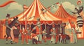 Circus show. Vector illustration in retro style. People in costumes