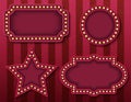 Circus signboards. Vector stock brightly glowing retro cinema neon signs banners. Circus style evening show banner templates. Royalty Free Stock Photo