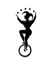 Circus.Silhouette of an Jester juggling balls on a unicycle .