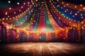 Circus stage with lights and wooden floor. Vector illustration. Eps 10, Colorful multi colored circus tent background and Royalty Free Stock Photo