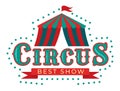 Circus sticker. Cirque tent. Carnival logo. Fairground striped marquee. Fair entertainment. Clown show . Acrobat