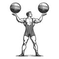 Circus strongman juggles kettlebells weight vector