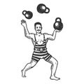 Circus strongman juggles weights engraving vector