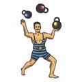 Circus strongman juggles weights engraving vector