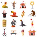 Circus symbols icons set, cartoon style