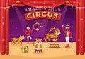 Circus Template Hand Drawn Cartoon Flat Illustration with Show of Gymnast, Magician, Animal Lion, Clowns and Amusement Park