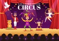 Circus Template Hand Drawn Cartoon Flat Illustration with Show of Gymnast, Magician, Animal Lion, Clowns and Amusement Park