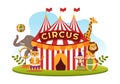 Circus Template Hand Drawn Cartoon Flat Illustration with Show of Gymnast, Magician, Animal Lion, Clowns and Amusement Park