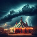 A circus tent against a backdrop of lightning