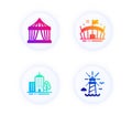 Circus tent, Arena and Skyscraper buildings icons set. Lighthouse sign. Vector