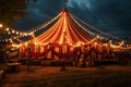 Circus tent with illuminations lights at night.