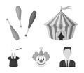 Circus tent, juggler maces, clown, magician`s hat.Circus set collection icons in monochrome style vector symbol stock Royalty Free Stock Photo