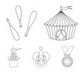 Circus tent, juggler maces, clown, magician`s hat.Circus set collection icons in outline style vector symbol stock Royalty Free Stock Photo