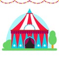 Circus show entertainment tent marquee outdoor festival with stripes flags carnival vector illustration. Royalty Free Stock Photo