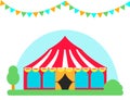 Circus show entertainment tent marquee outdoor festival with stripes flags carnival vector illustration. Royalty Free Stock Photo