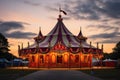 Circus tent at sunset with dramatic sky and clouds, vintage filter, An old-fashioned circus tent at a carnival during twilight, AI