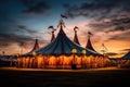 Circus tent at sunset in the evening. Long exposure photo, An old-fashioned circus tent at a carnival during twilight, AI Royalty Free Stock Photo