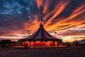 Circus Tent Under a Warn Sunset, Circus Tent Night View, Carnival Park, Generative AI Illustration