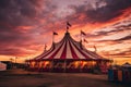 Circus Tent Under a Warn Sunset, Circus Tent Night View, Carnival Park, Generative AI Illustration