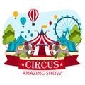 Circus Tents With Banner. Amazing show. Flat illustration.