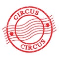 CIRCUS, text written on red postal stamp