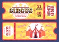 Circus tickets. Entrance ticket templates with sample text, invitation coupon for attractions, carnival events, magic