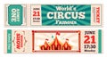 Circus tickets. Retro cartoon circus event invitation with textured paper for cabaret festival, holiday amusement