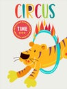 Circus tiger jumping through a ring of fire. Circus performance. Vector illustration. Royalty Free Stock Photo