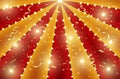 Circus top background of red and gold lines stripe with star constellations, light bulbs and tinsel. Retro sun beam ray template Royalty Free Stock Photo