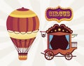 Circus traditional vintage carriage and balloon air hot with banner