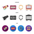 Circus trailer, circus gun, burning hoop, signboard.Circus set collection icons in cartoon,black,flat style vector Royalty Free Stock Photo