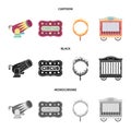 Circus trailer, circus gun, burning hoop, signboard.Circus set collection icons in cartoon,black,monochrome style vector Royalty Free Stock Photo